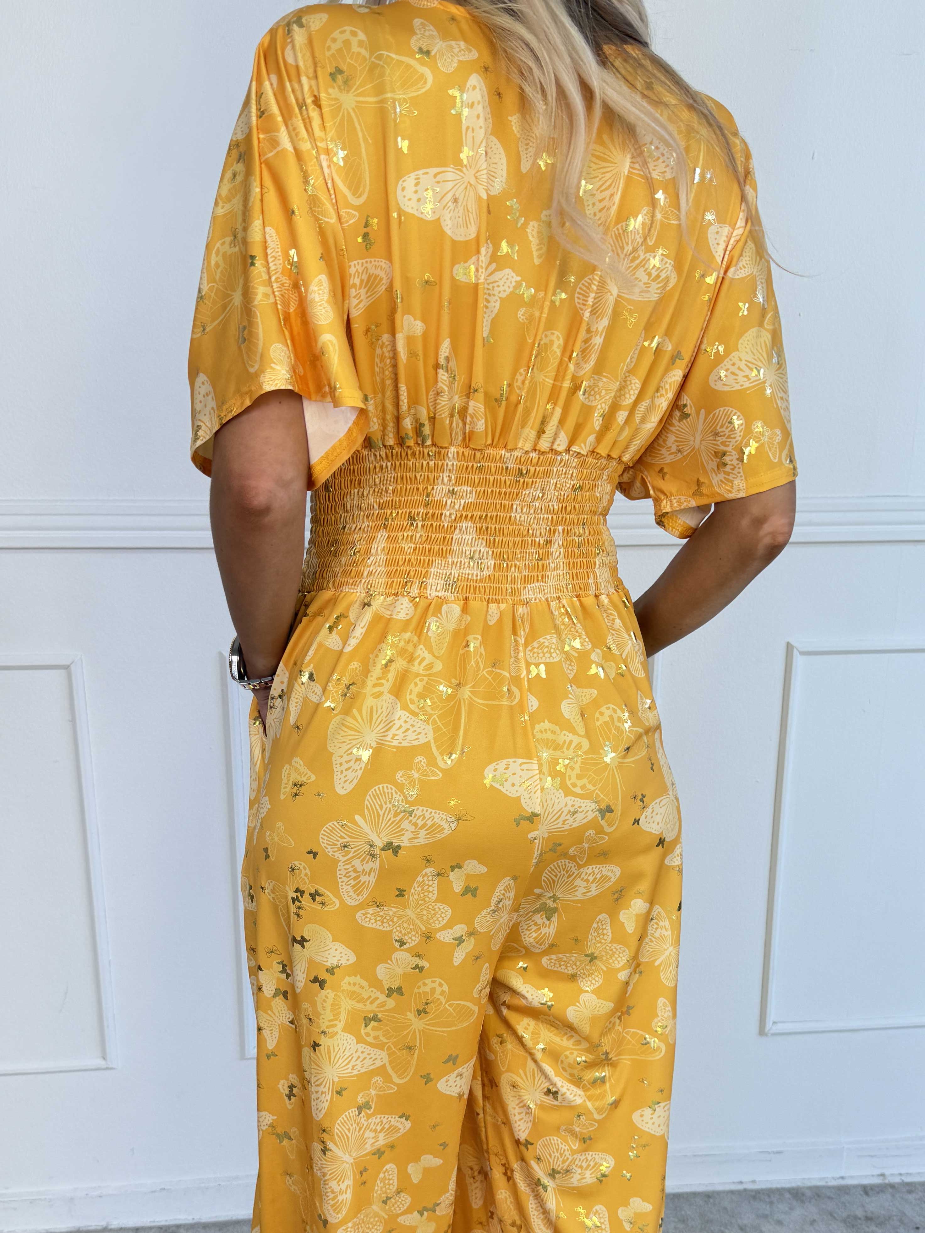 Pams Butterfly - Lang elastisk kjole med smock i livet